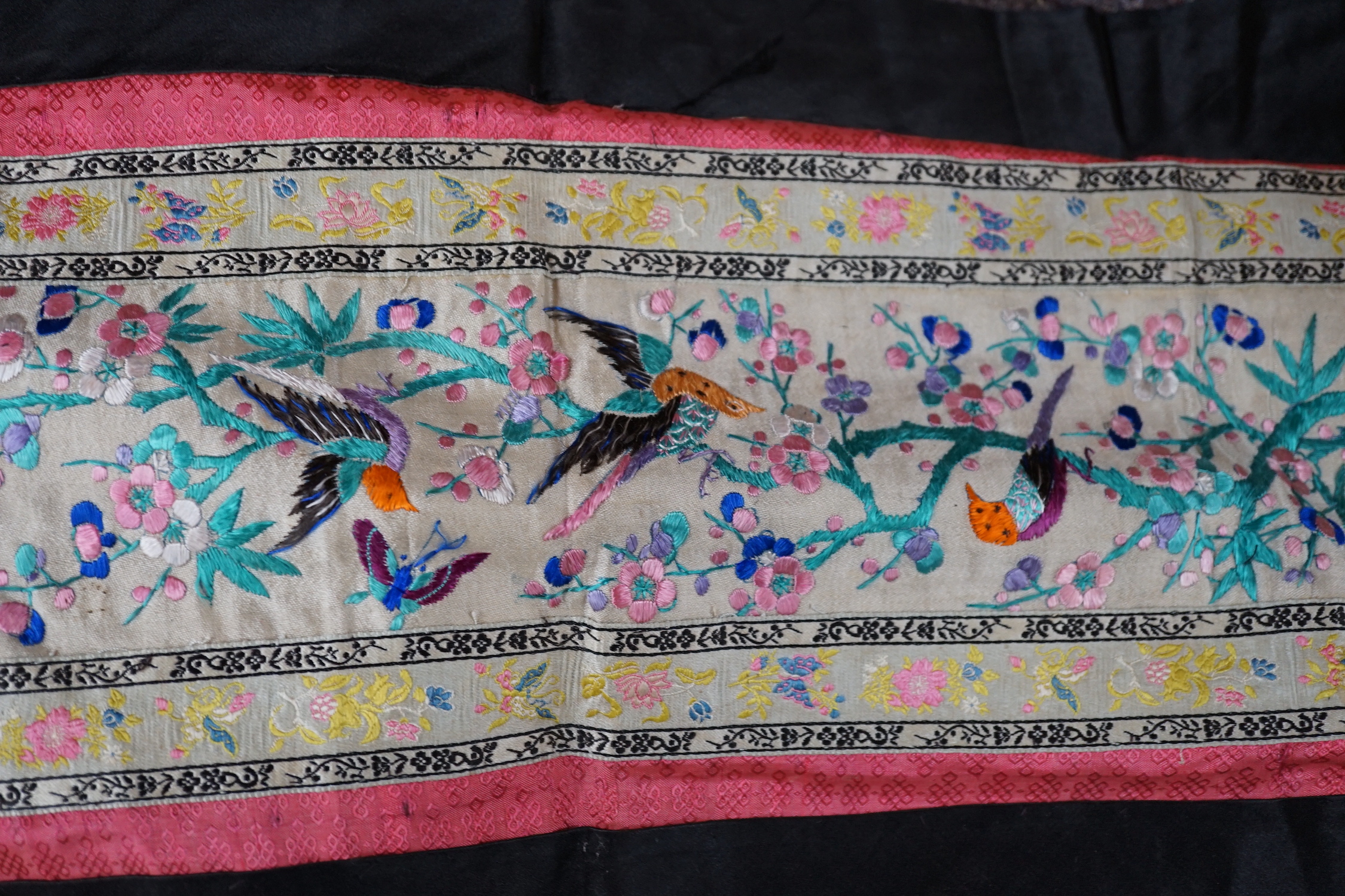 Two mid 20th century Chinese embroidered Rank Badges, a large gold thread dragon embroidered collar, three Chinese embroidered panels and a Japanese 1930’s Shantung silk dragon embroidered Kimono dressing gown